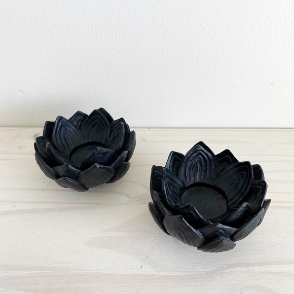 Lotus Flower Style Candle Holders Matte Black Set of 2 - Picture 5 of 8